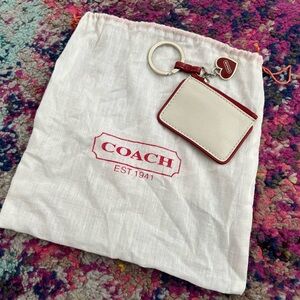 Coach Cream and Red Leather Card Keyring with enamel red heart vintage
